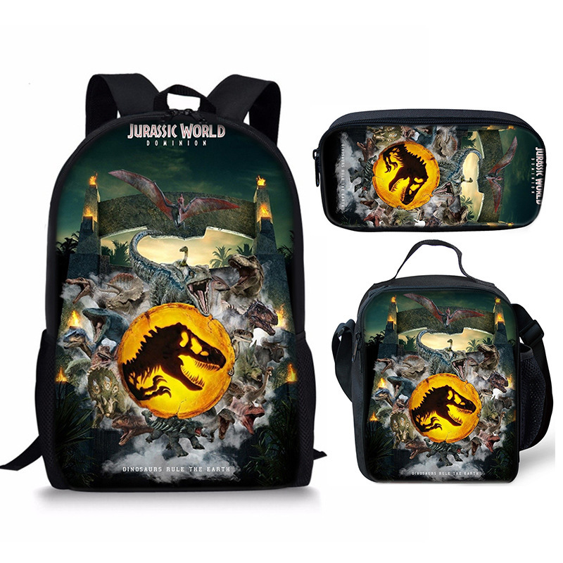 Jurassic World Backpacks 3Pcs, Anime Lightweight Backpack with Pencil Bag & Lunch Bag, Jurassic World Travel Backpack New Semester Gifts for Teens
