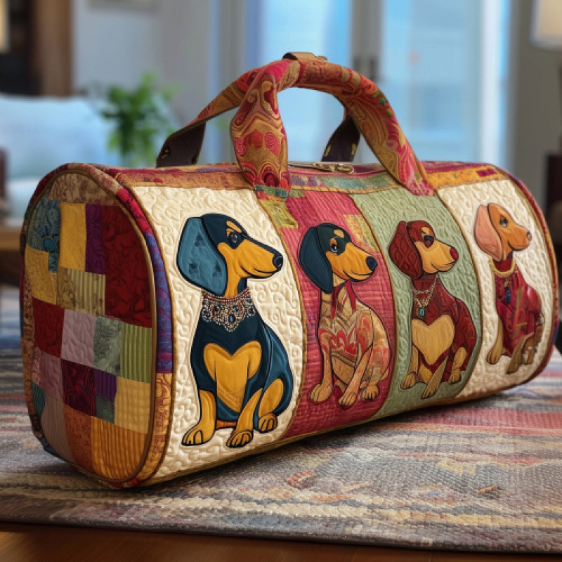 Dachshund Duffle Bag, Dachshund Bag, Patchwork Sausage Dog Travel Bag, Dog Lover Overnight Bag, Cute Weekender Tote Gift
