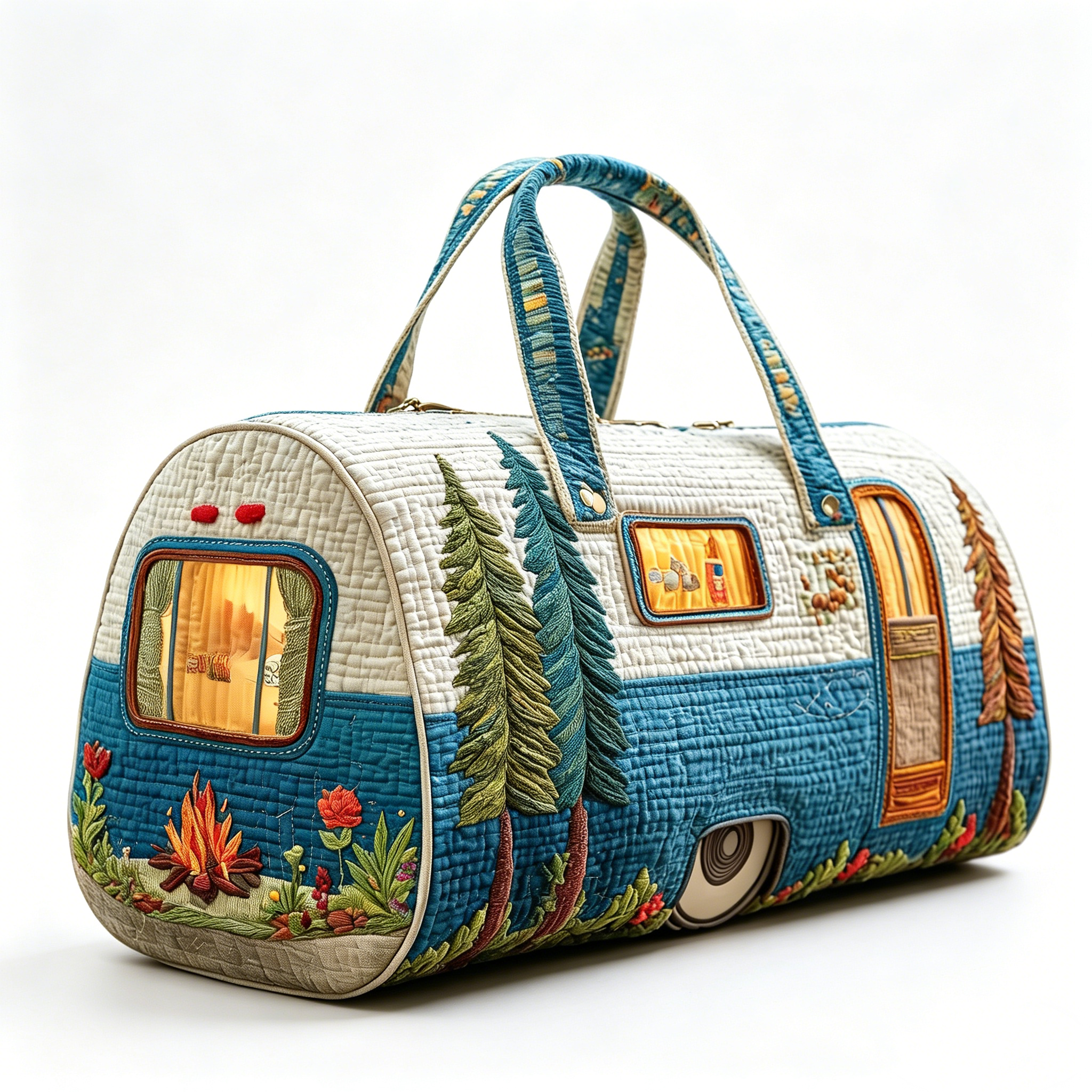 Retro Hippie Van Quilted Duffle Bag, Green Camping Bus Travel Duffle Bag, Tent and Campfire Shoulder Bag,Adventure Outdoor Nature Travel Bag