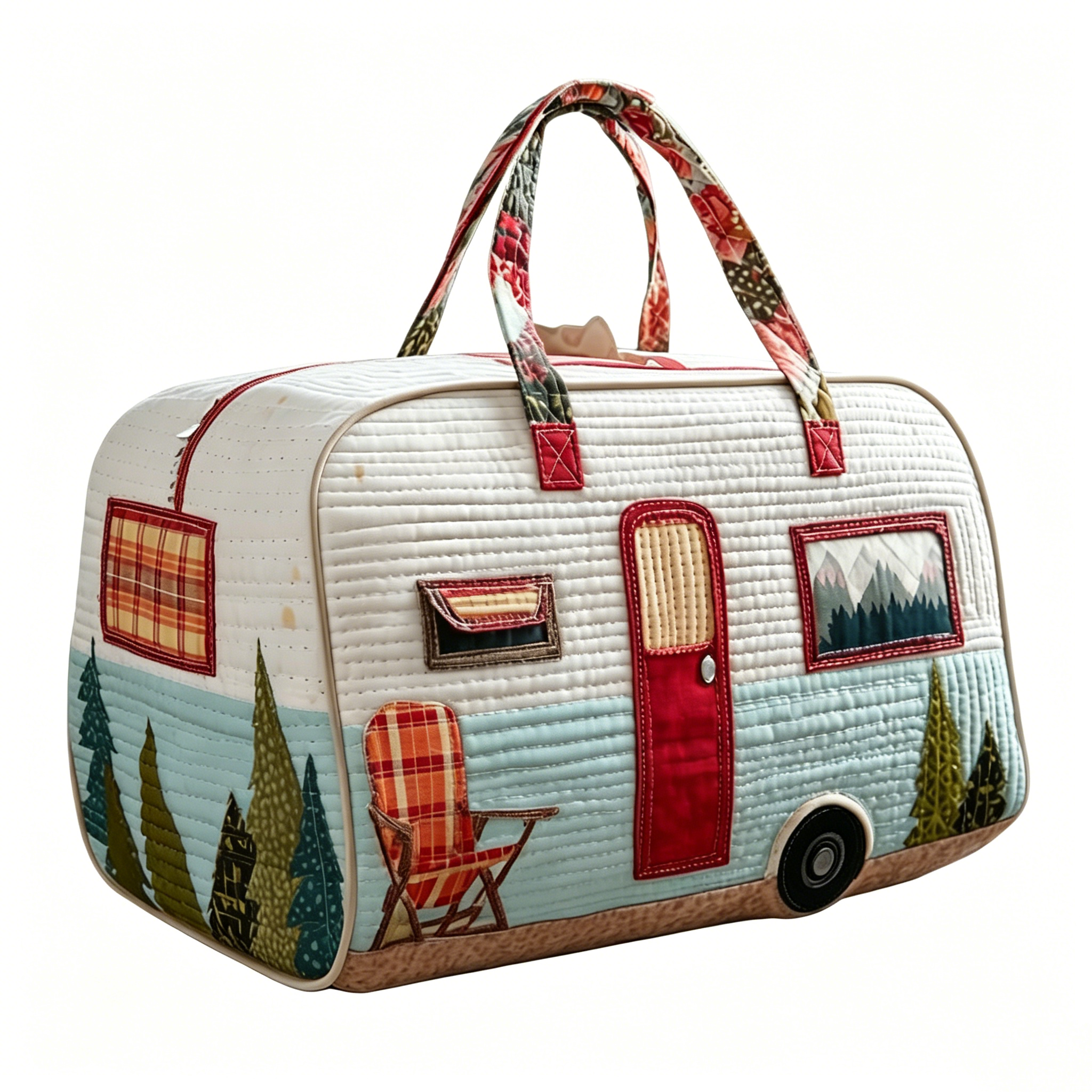 Hippie Journey Quilted Duffel Bag Vintage Floral Hippie Van Travel Duffle Bag Boho Travel Weekender Bags Overnight Luggage Bag Gym Tote, Holiday Gifts