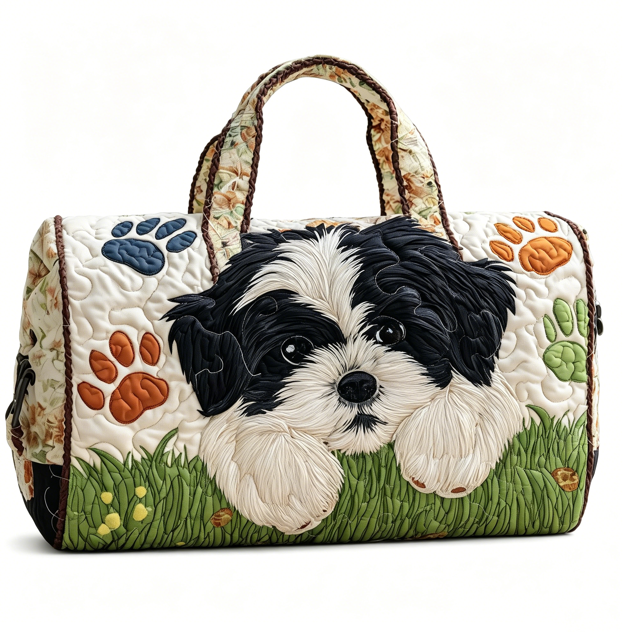 Pug Dog Quilted Duffle Bag, Colorful Puppy Sweater Pattern Travel Weekender Bag, Pet Lover Shoulder Bag, Cute Animal Quilted Travel Bag