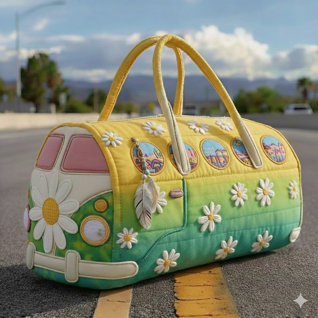 Sunflower Hippie Van Quilted Duffle Bag, Quited Travel Tote Bag, Quited Weekender Travel Bag, Carry On Duffle