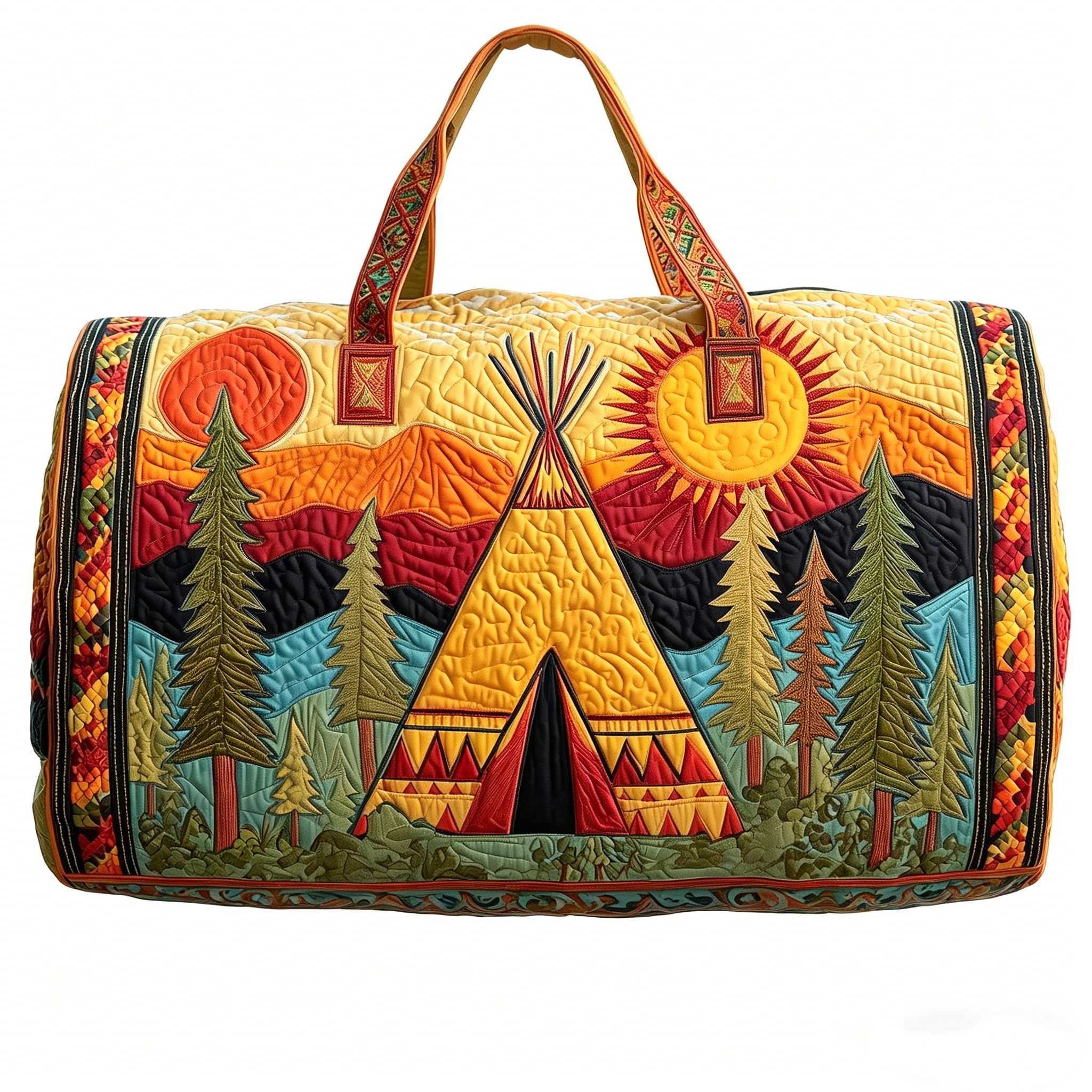 Hippie Van Quilted Duffle Bag, Boho Travel Weekender Bag with Strap, Retro Style for Everyday Travel