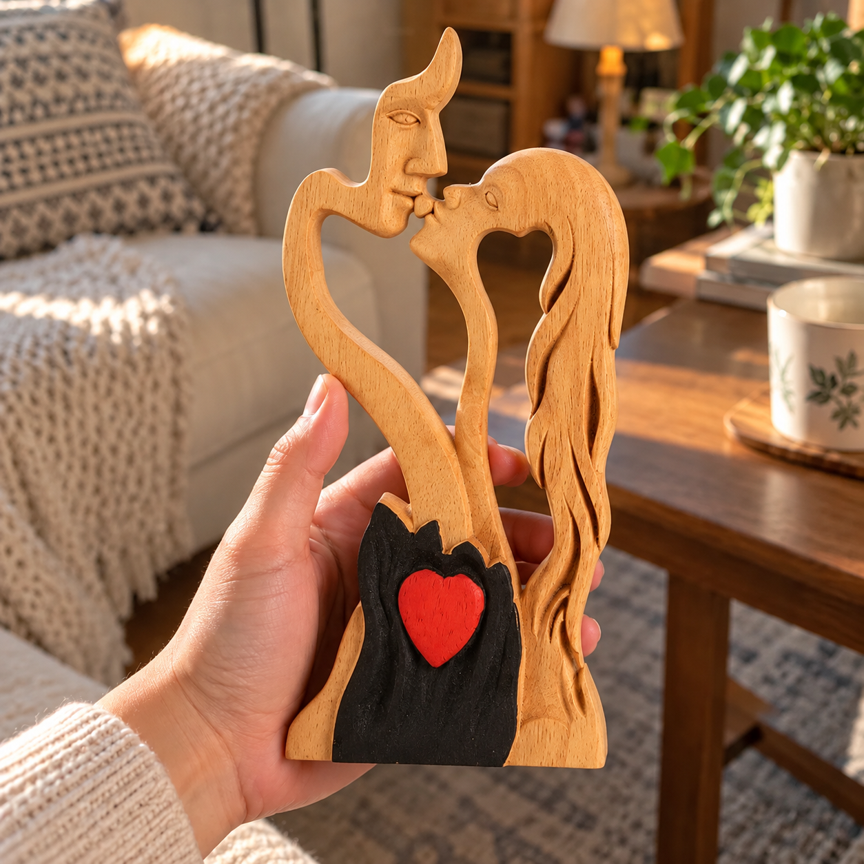 Hand-Carved Wooden Couple Sculpture – Christian Wedding, Anniversary & Valentine’s Day Gift