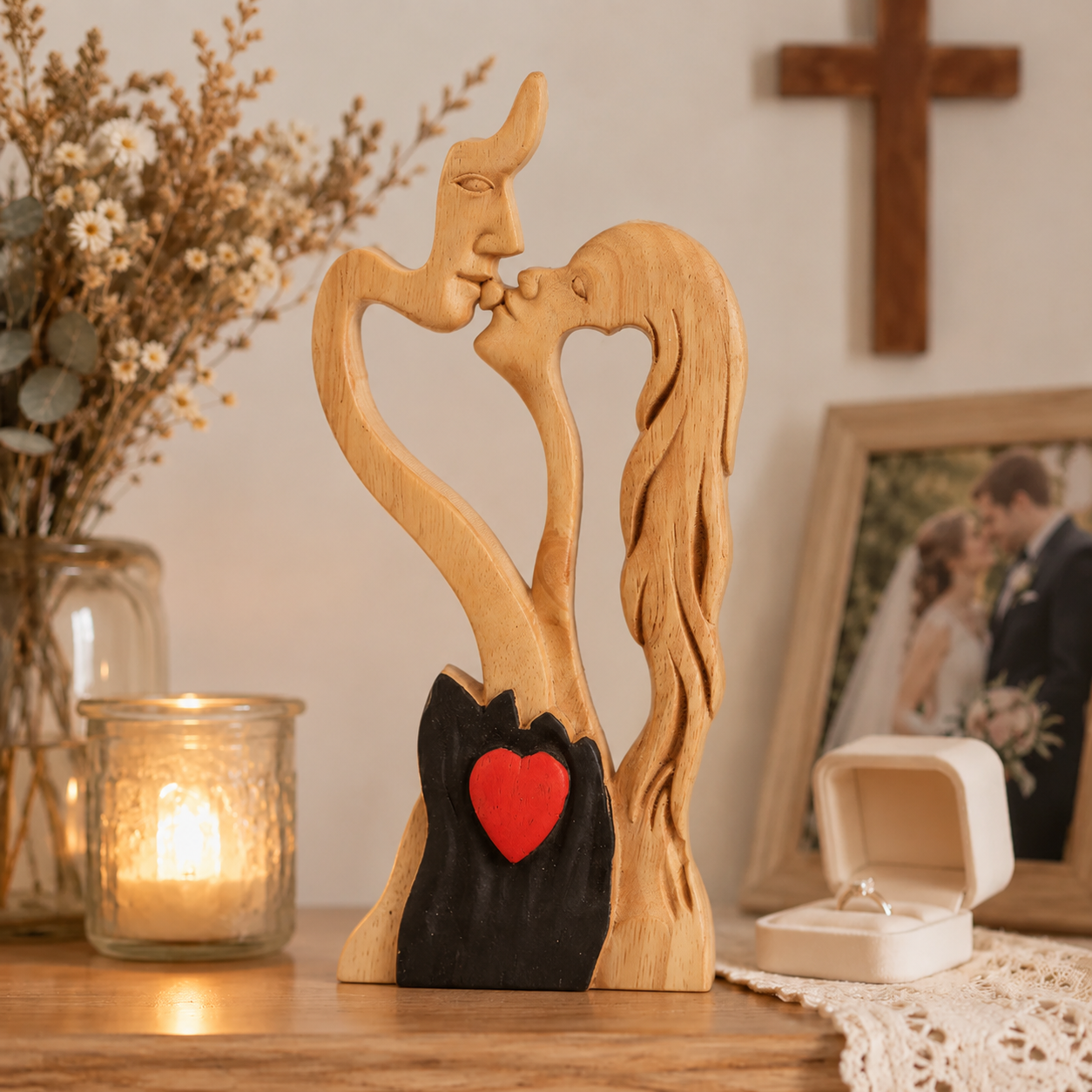 Hand-Carved Wooden Couple Sculpture – Christian Wedding, Anniversary & Valentine’s Day Gift