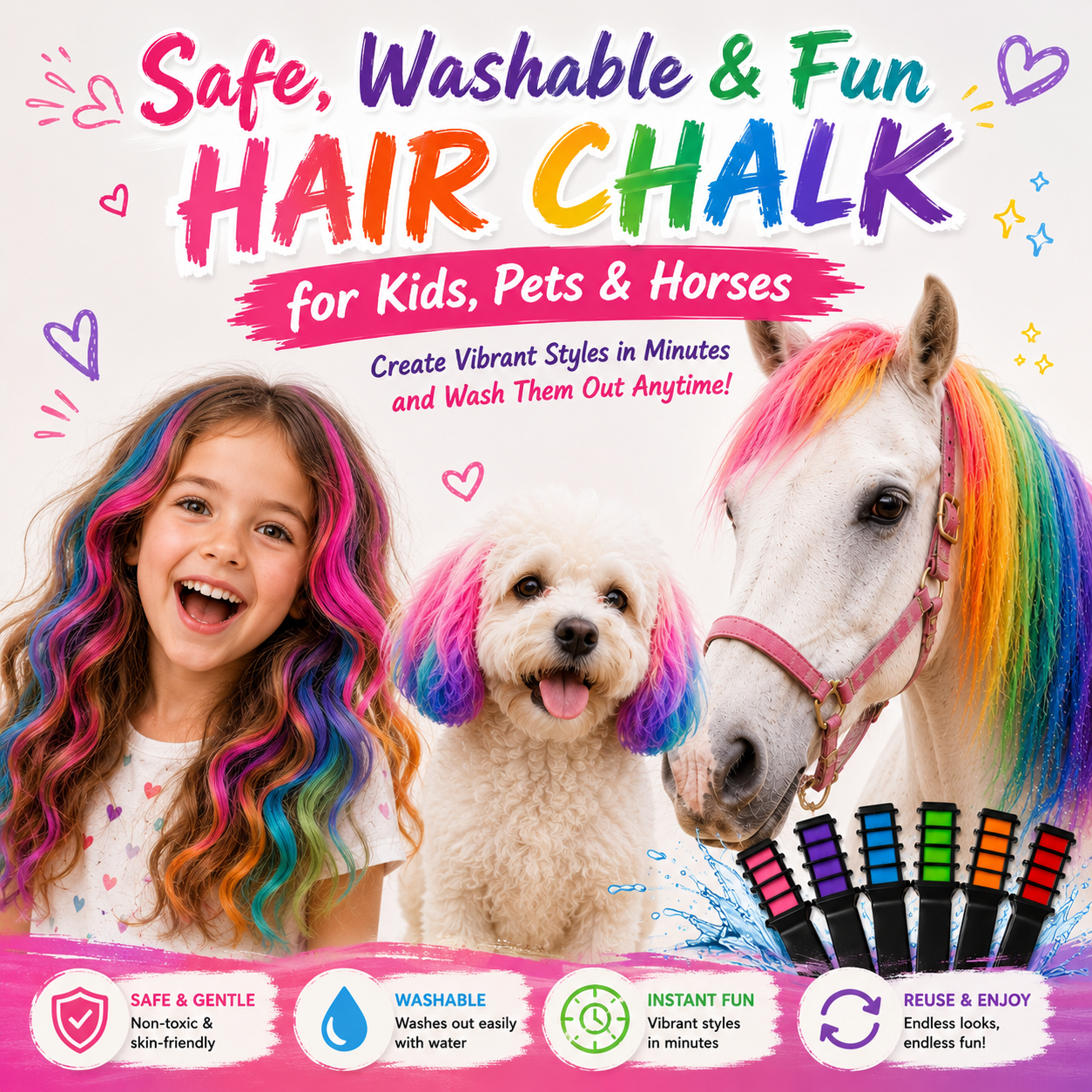 Hair Chalk Set, Temporary Washable Hair Dye for Kids, Pets, Horses & Styling