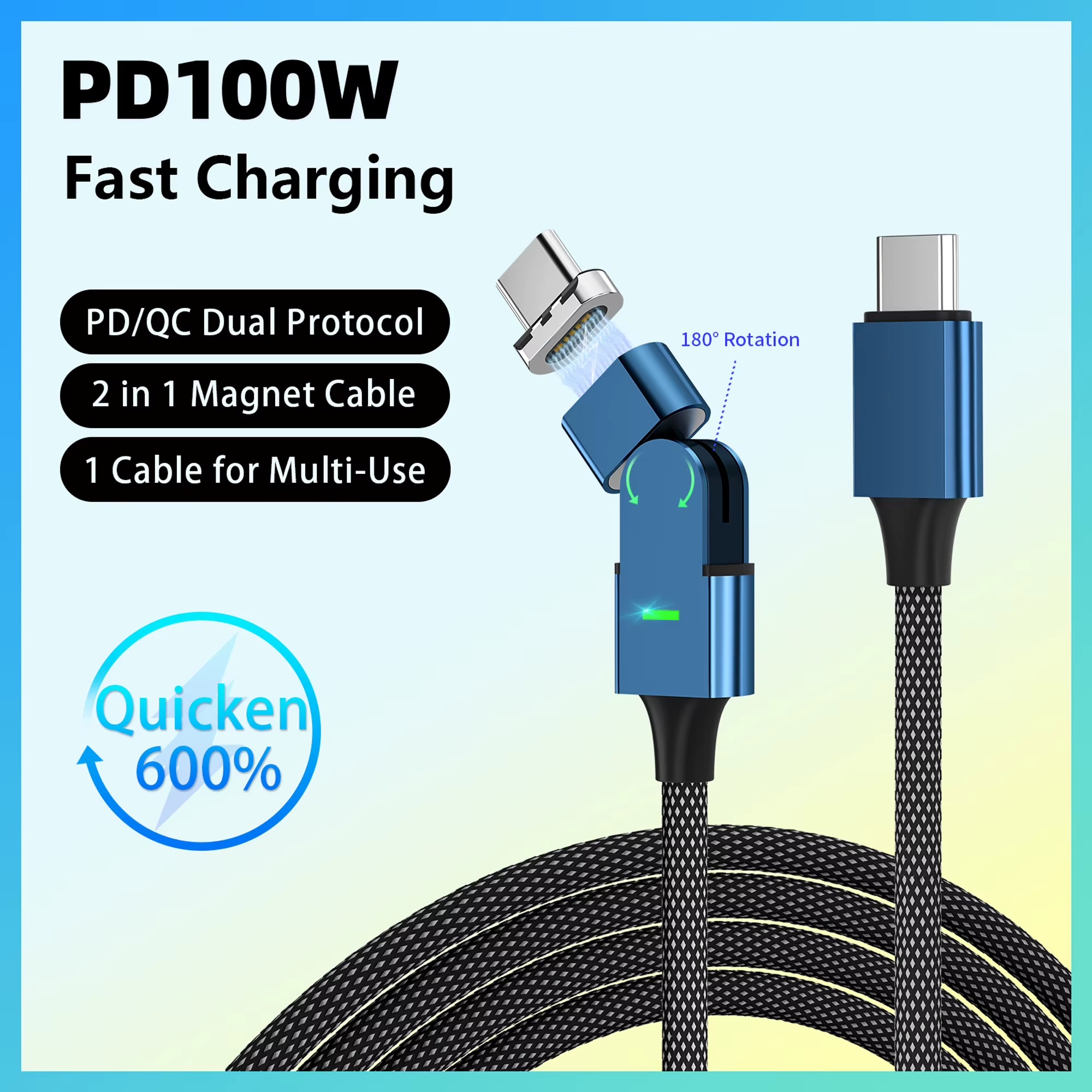 PD100W 180° Rotating 3-in-1 Magnetic Fast Charging Cable – USB-C, Lightning & Micro USB