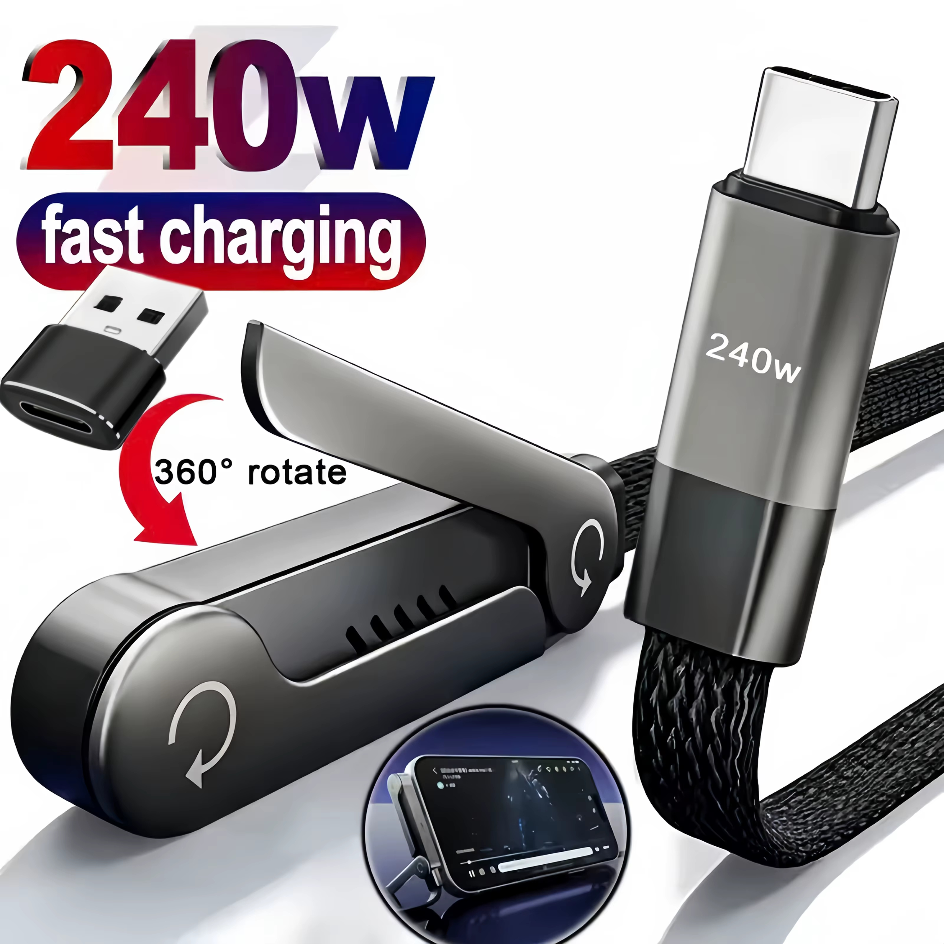 240W Foldable USB-C Fast Charging Cable with Built-in Phone Stand