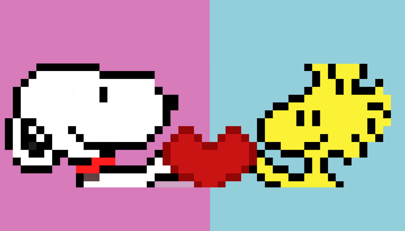 Pixel art work of a cute white beagle and yellow bird, inspired by Snoopy and Woodstock