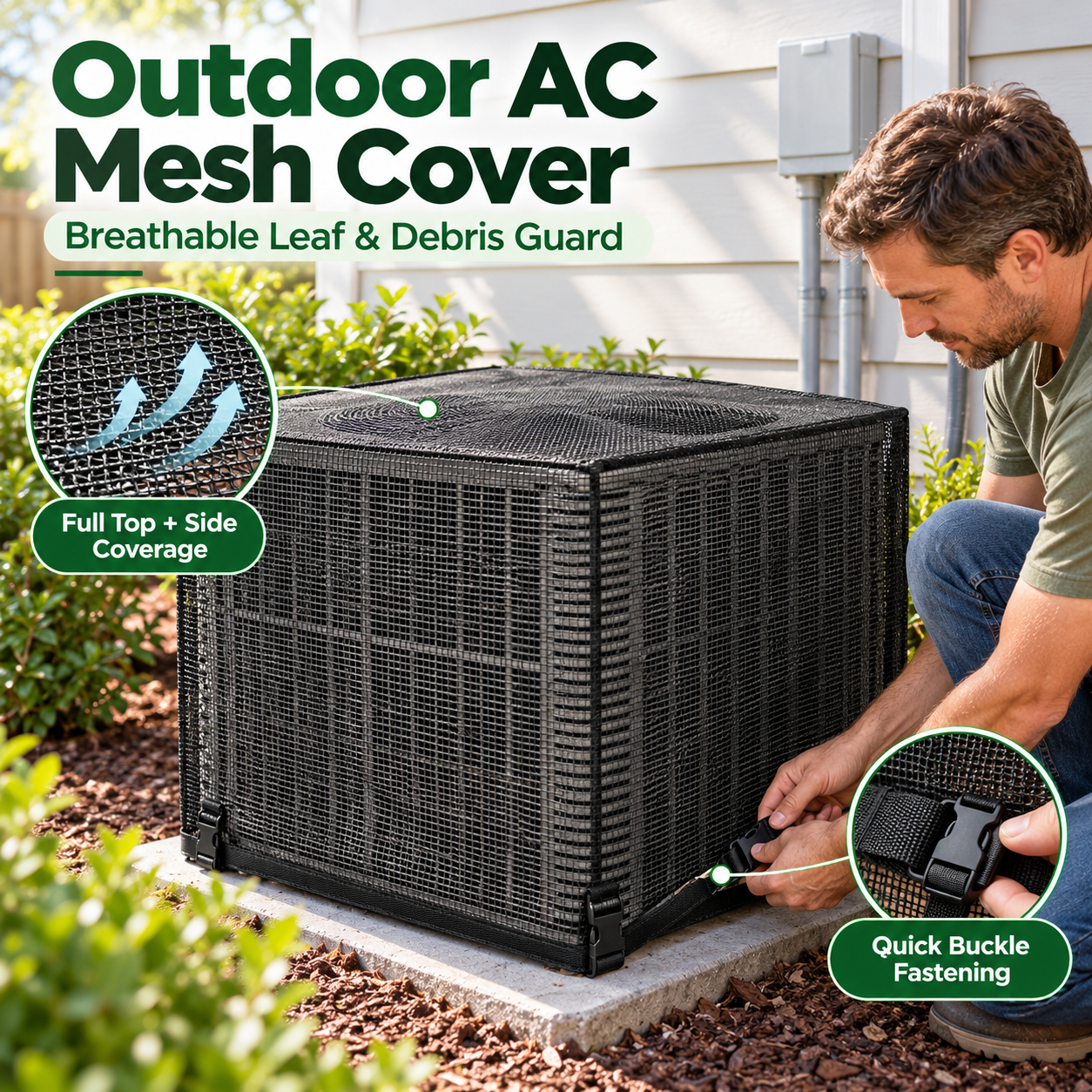 Outdoor AC mesh cover shown installed on an idle condenser with buckle fastening
