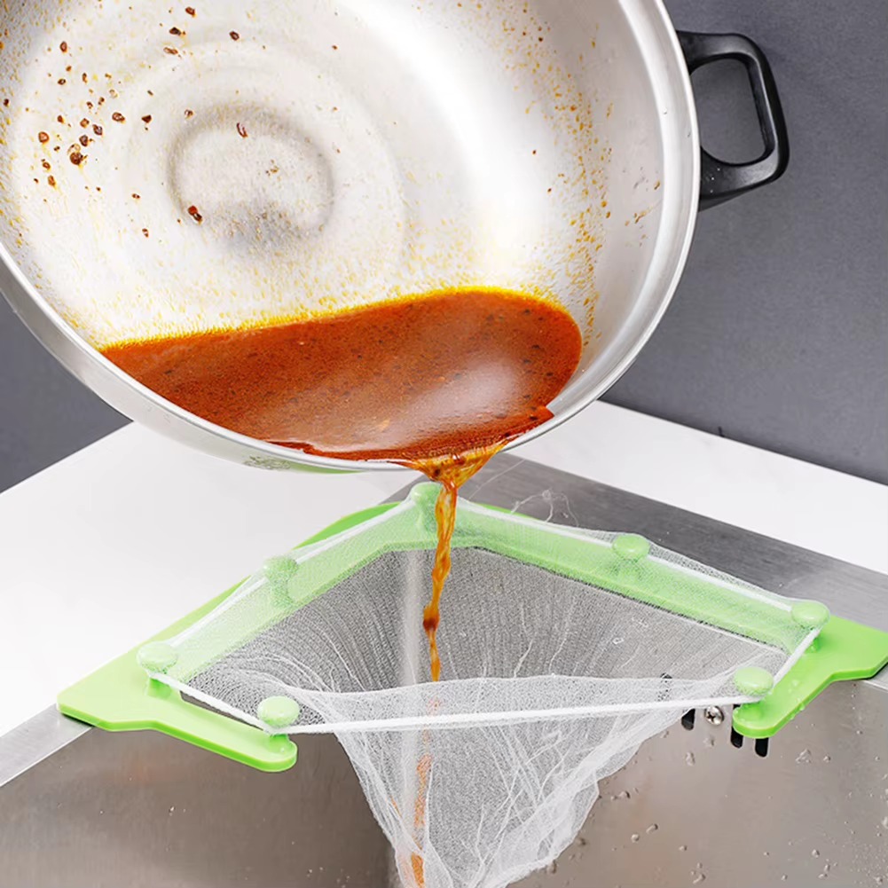 Kitchen Sink Corner Strainer Set – Triangle Drain Basket with 50 Replacement Mesh Bags