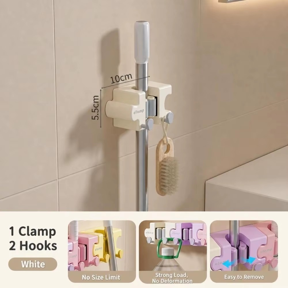 Macaron Puzzle Mop Holder with Hooks – Self-Adhesive Wall-Mounted Organizer