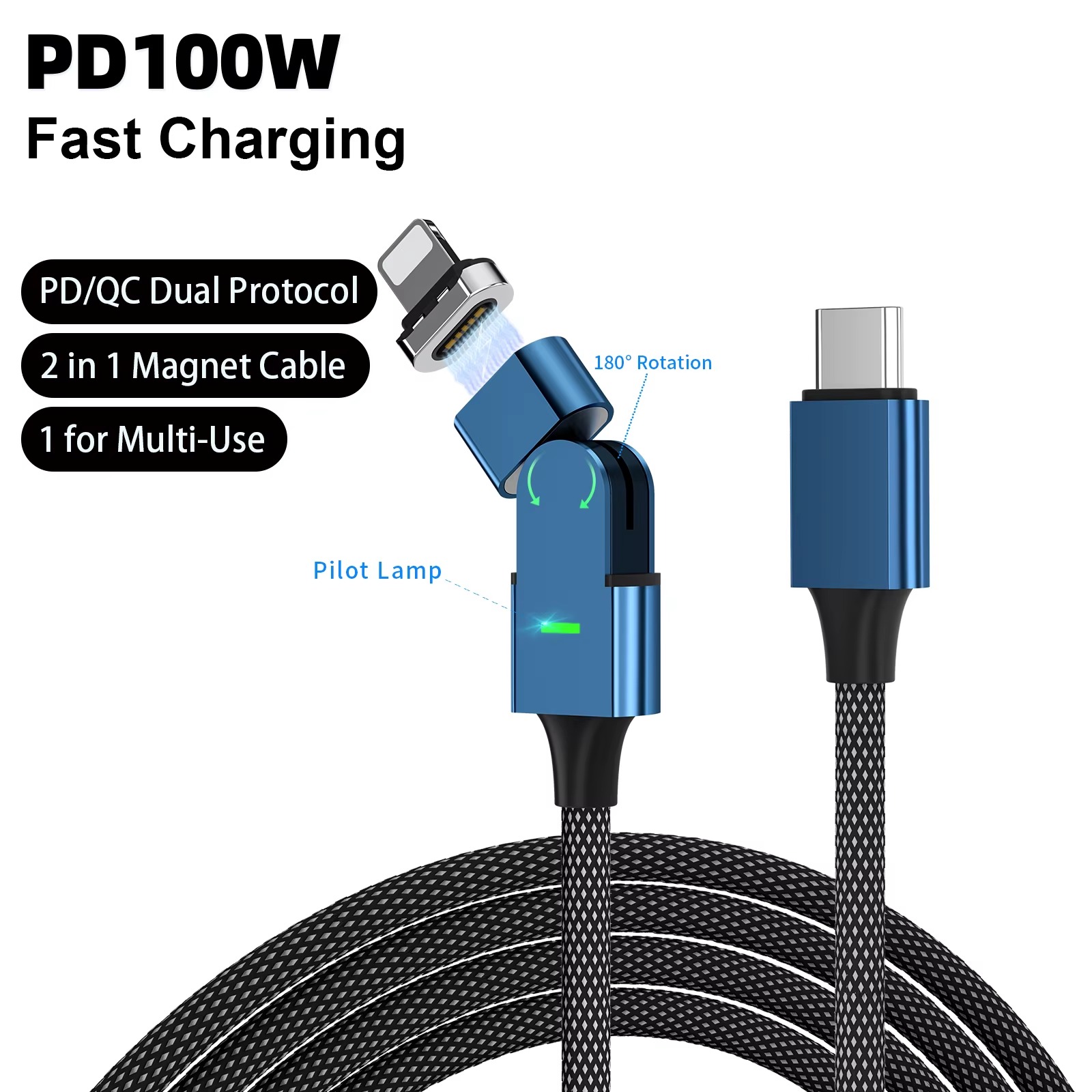PD100W 180° Rotating 3-in-1 Magnetic Fast Charging Cable – USB-C, Lightning & Micro USB