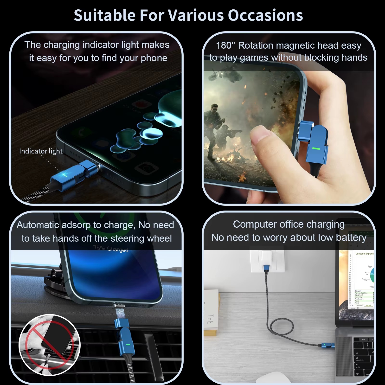 PD100W 180° Rotating 3-in-1 Magnetic Fast Charging Cable – USB-C, Lightning & Micro USB