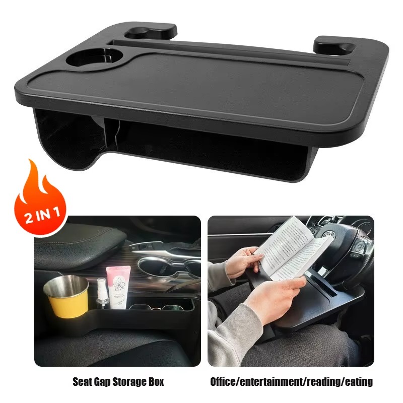 2-in-1 Car Steering Wheel Tray Table & Seat Gap Storage Box with Cup Holder
