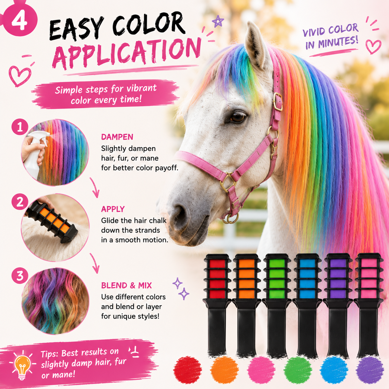 Hair Chalk Set, Temporary Washable Hair Dye for Kids, Pets, Horses & Styling