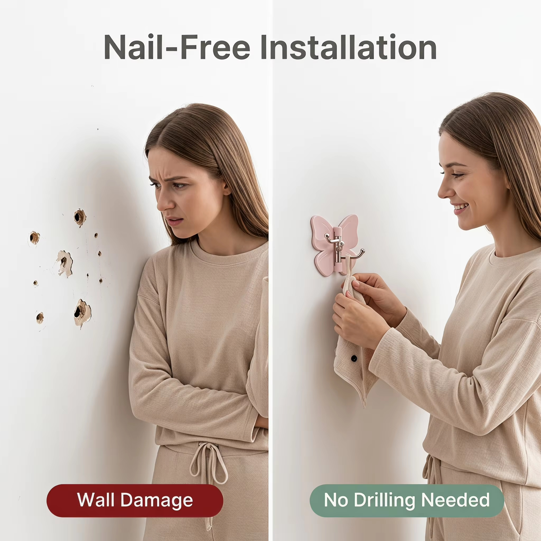 Butterfly Rotating Wall Hook – Punch-Free 3-Hook Organizer