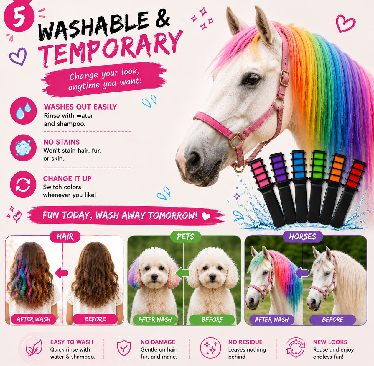 Hair Chalk Set, Temporary Washable Hair Dye for Kids, Pets, Horses & Styling