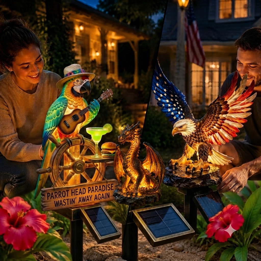 💥 LAST DAY 49% OFF 🐉🦅🦜 Solar Dragon, Eagle & Guitar Parrot Garden Lights – Golden Glow Outdoor Decor