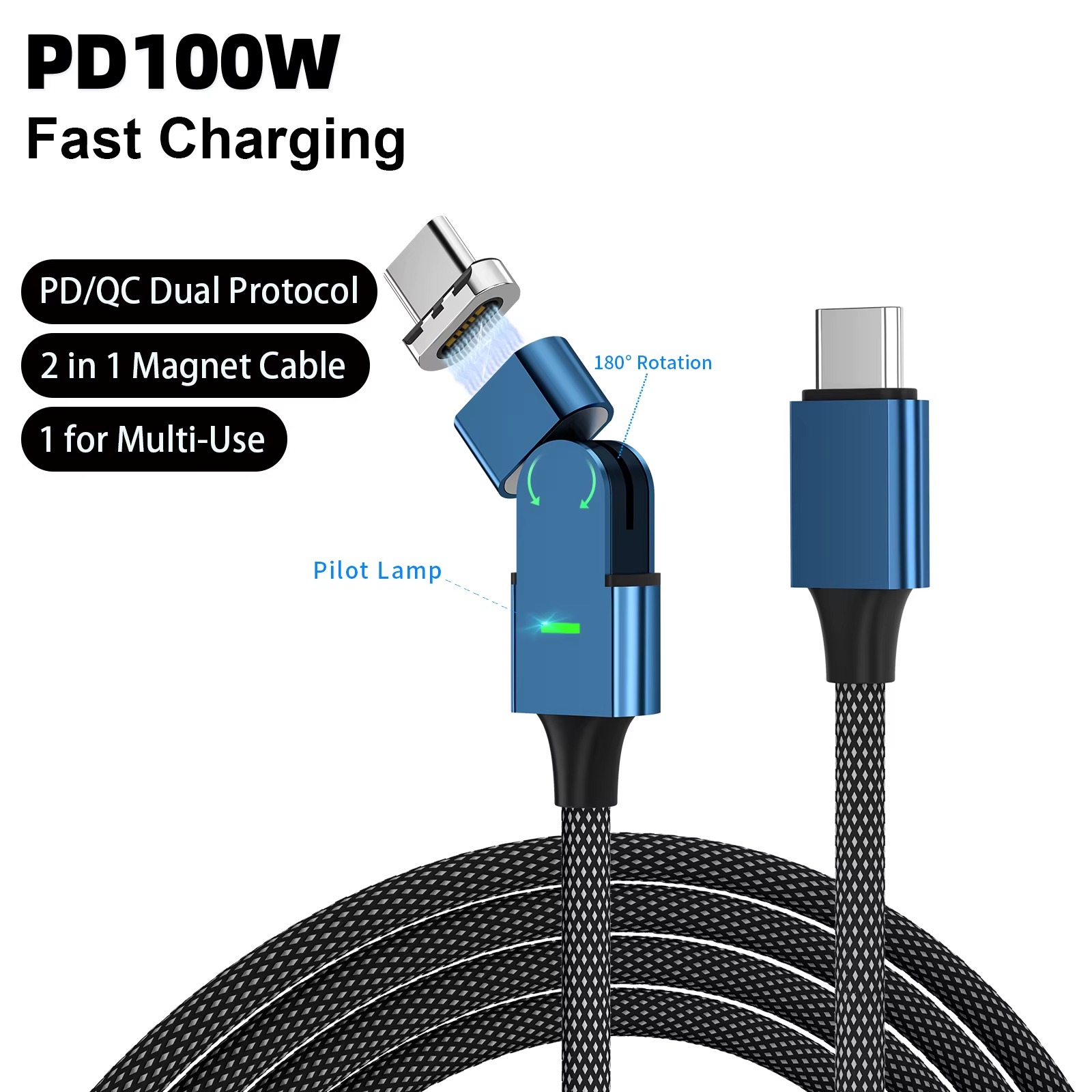 PD100W 180° Rotating 3-in-1 Magnetic Fast Charging Cable – USB-C, Lightning & Micro USB