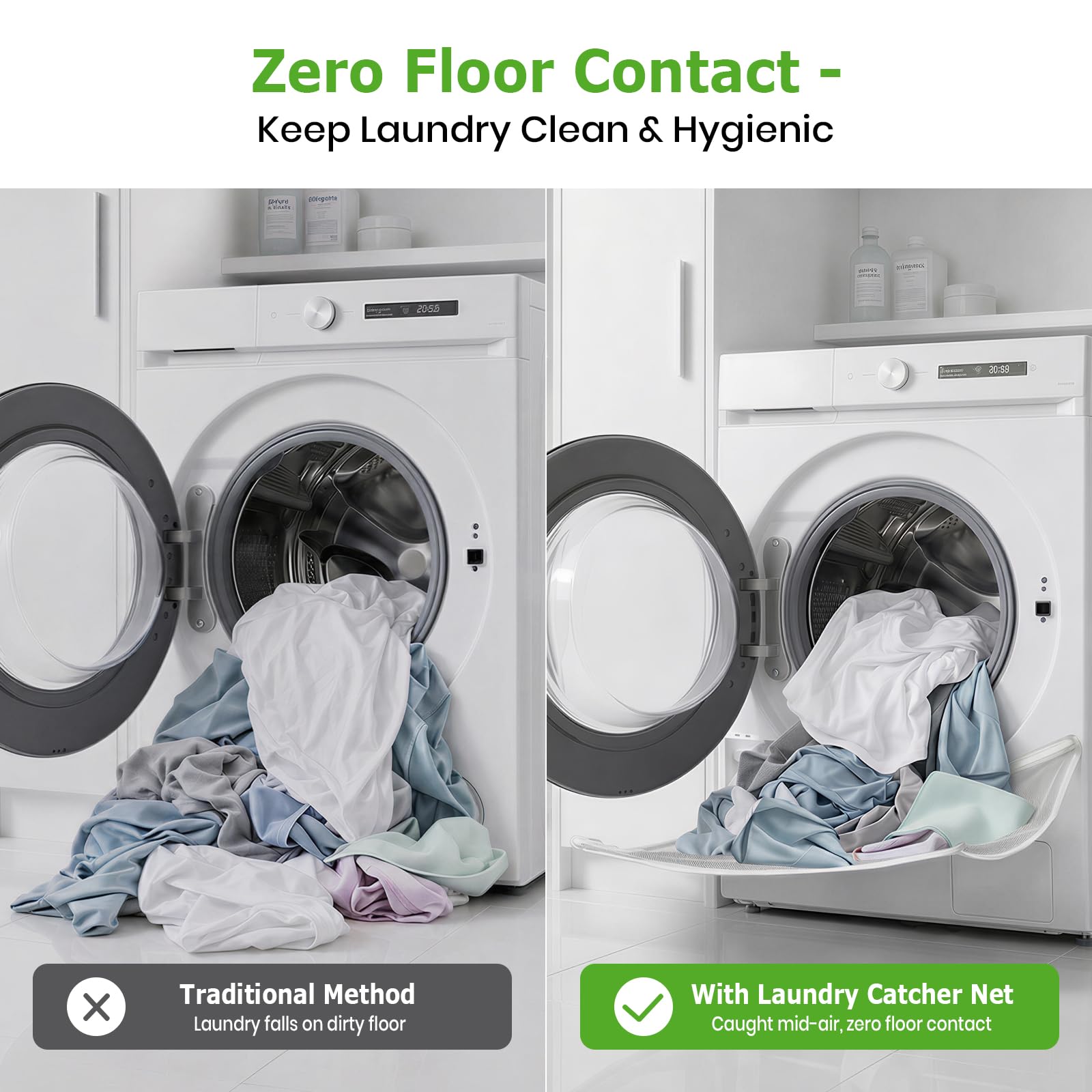Front Load Washer Laundry Catcher Net – Foldable No-Bend Clothes Catching Mesh Guard