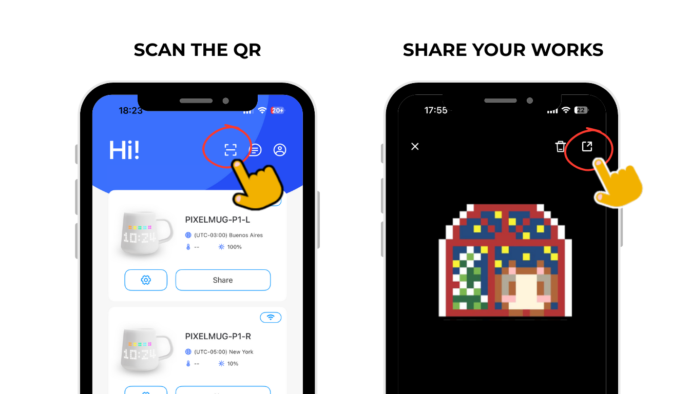 how to scan the QR code by pixel mug app to get pixel arts, and share your works