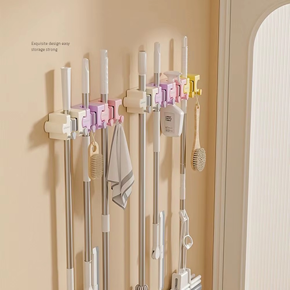 Macaron Puzzle Mop Holder with Hooks – Self-Adhesive Wall-Mounted Organizer