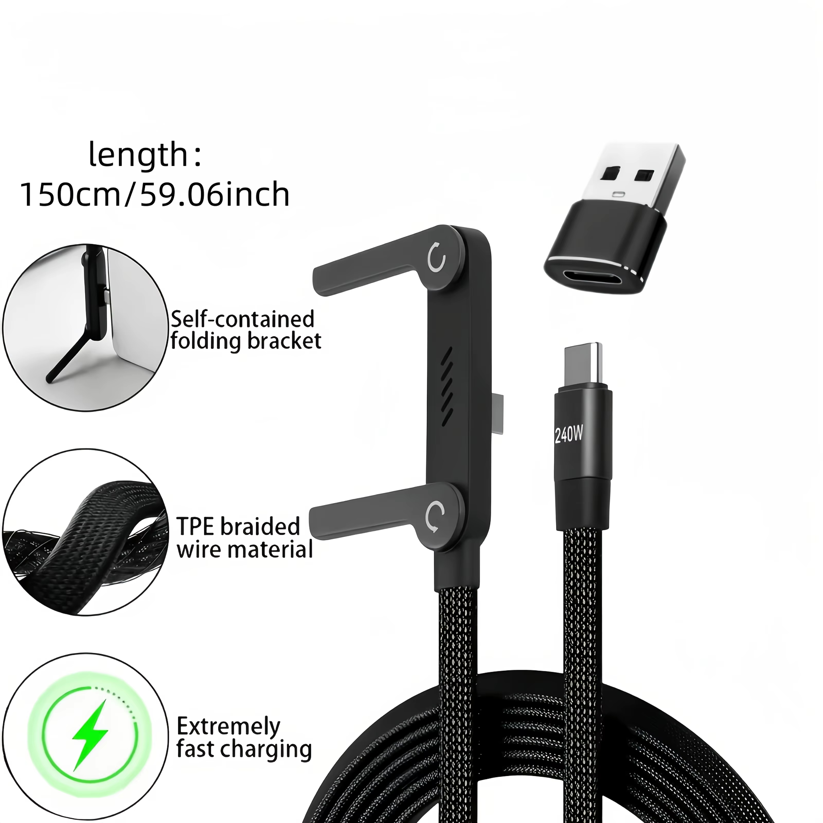 240W Foldable USB-C Fast Charging Cable with Built-in Phone Stand
