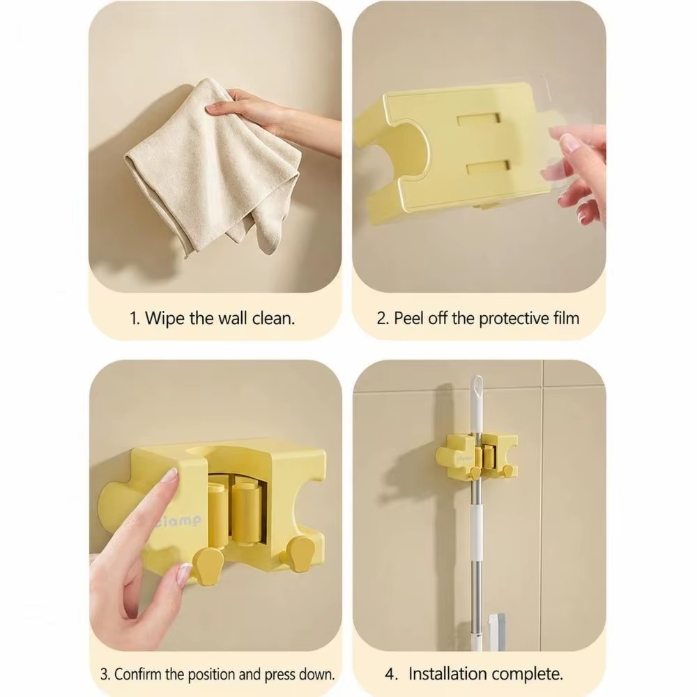 Macaron Puzzle Mop Holder with Hooks – Self-Adhesive Wall-Mounted Organizer