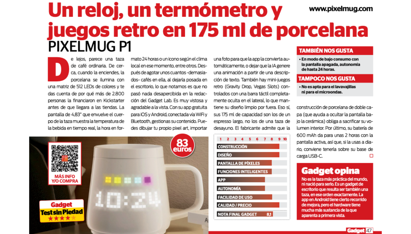 PixelMug P1 full review in Spanish Gadget Magazine &ndash; rated 8.1, featuring 512 LED pixel display and smart desk mug design.
