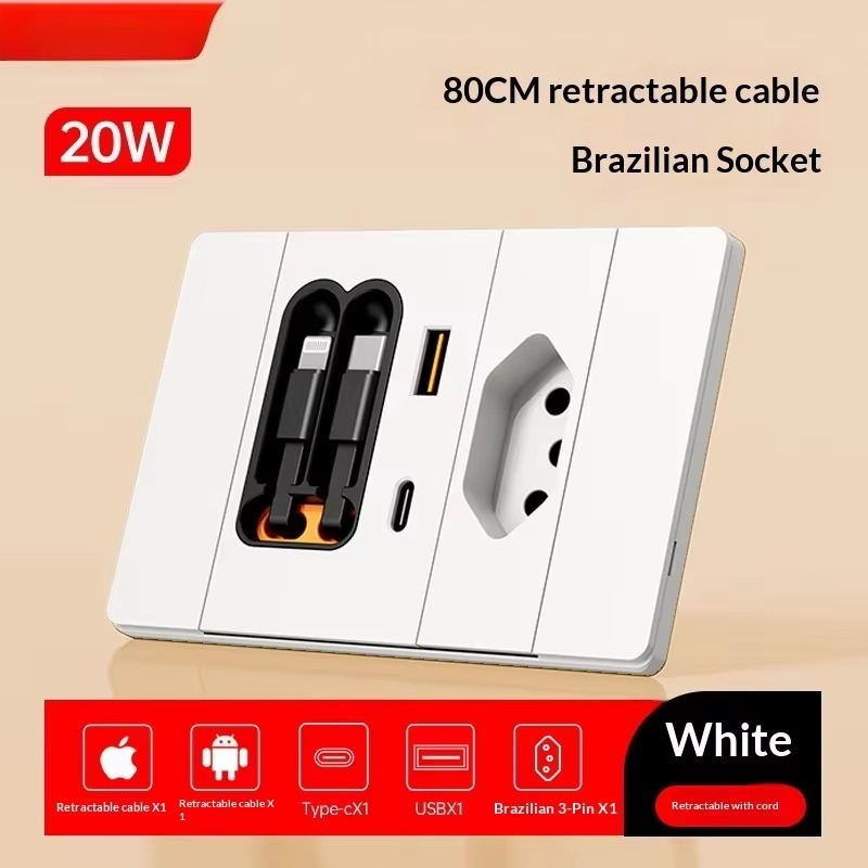 20W Retractable Cable Wall Socket – USB-C Fast Charging Power Outlet for Brazil