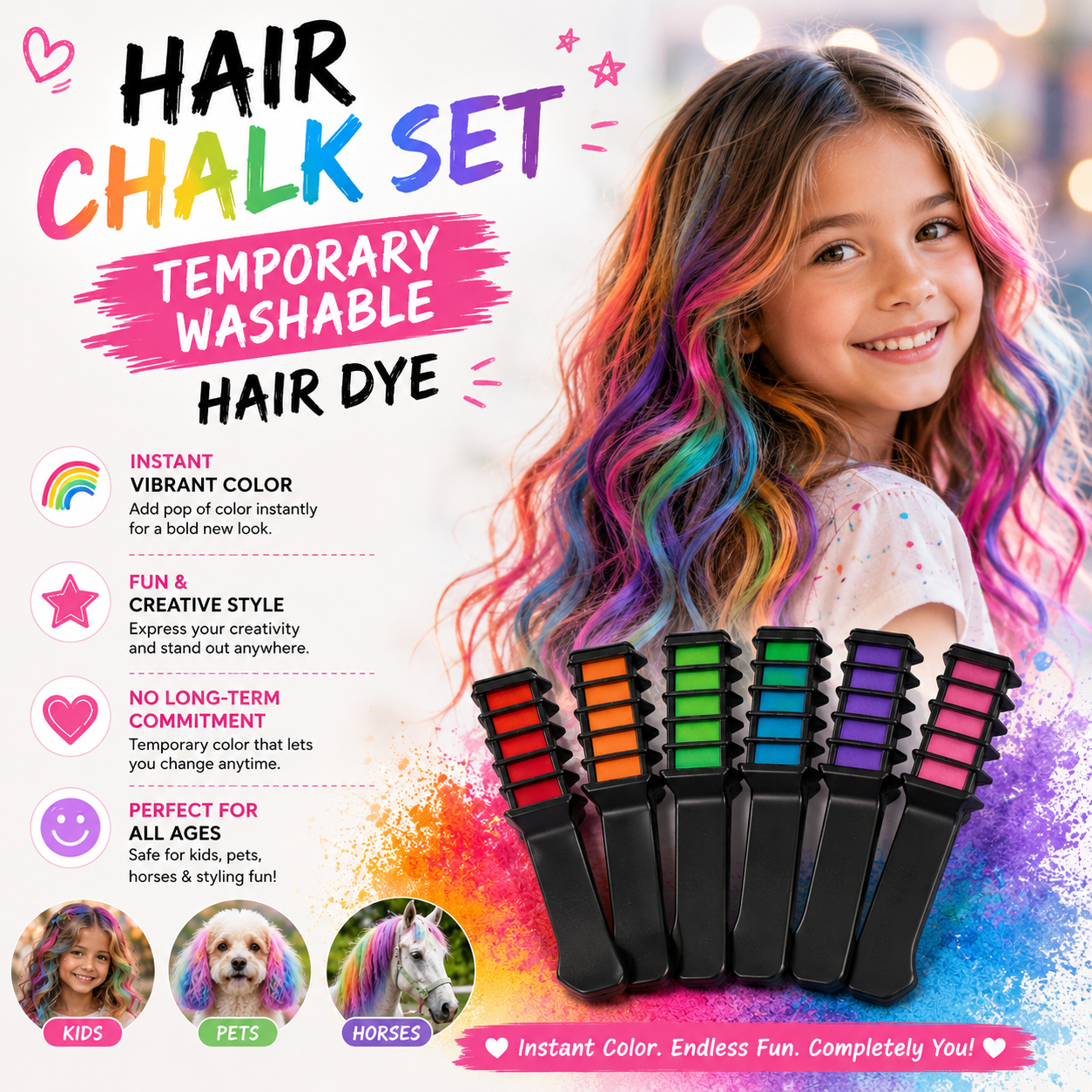Hair Chalk Set, Temporary Washable Hair Dye for Kids, Pets, Horses & Styling