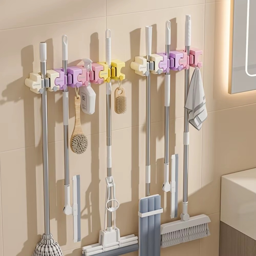 Macaron Puzzle Mop Holder with Hooks – Self-Adhesive Wall-Mounted Organizer
