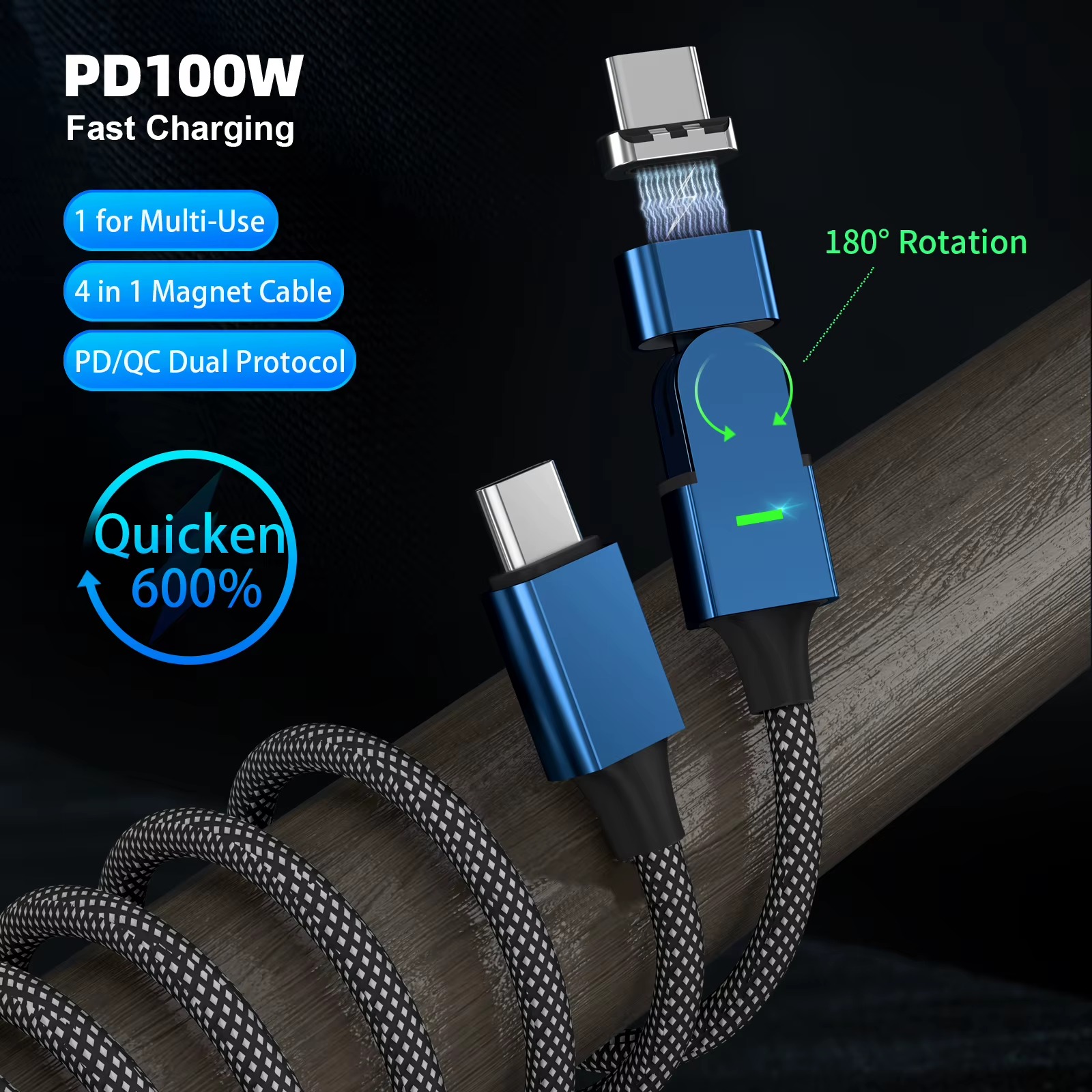 PD100W 180° Rotating 3-in-1 Magnetic Fast Charging Cable – USB-C, Lightning & Micro USB