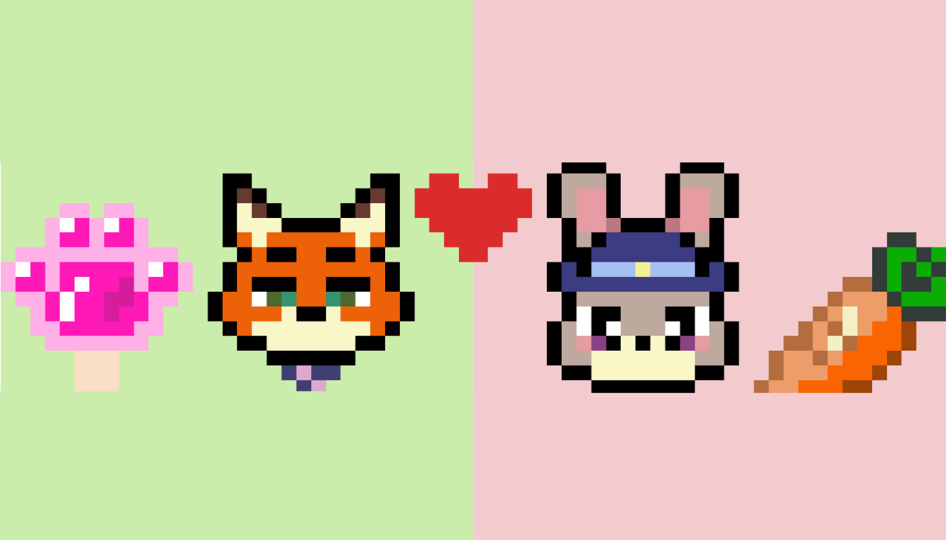 Matching pixel art of a fox and bunny resembling Nick and Judy from Zootopi