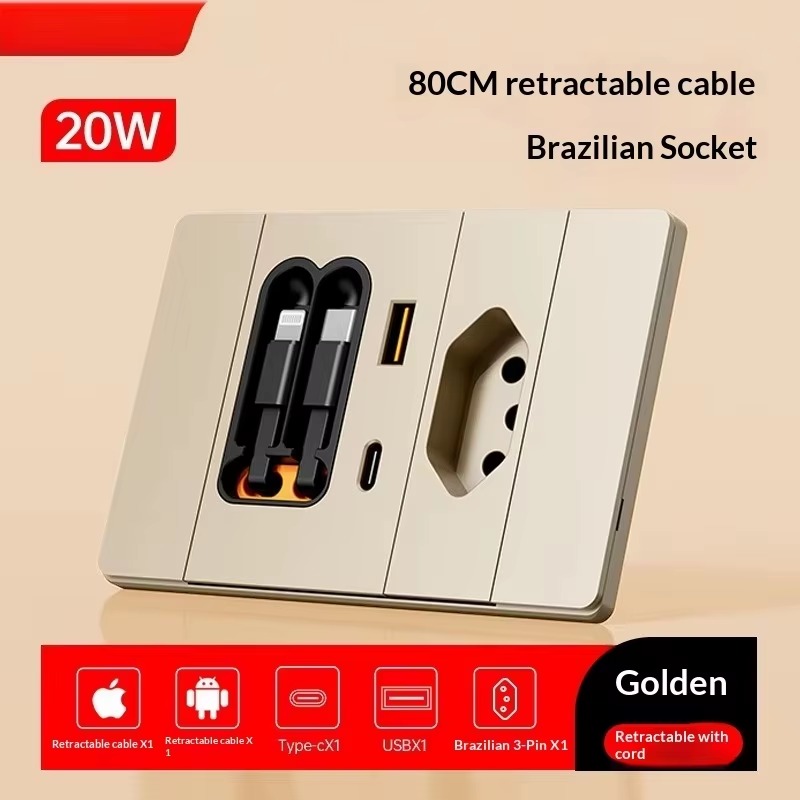20W Retractable Cable Wall Socket – USB-C Fast Charging Power Outlet for Brazil