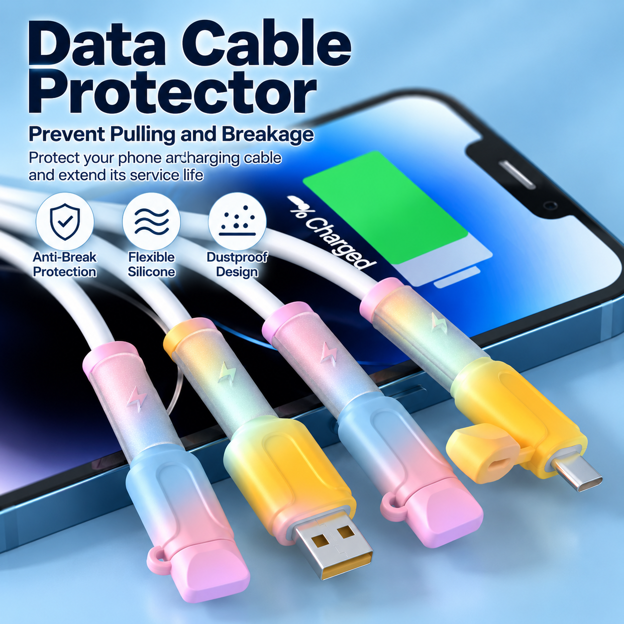 Soft Silicone Charging Cable Protector – Anti-Break Cable Sleeve with Dust Cap