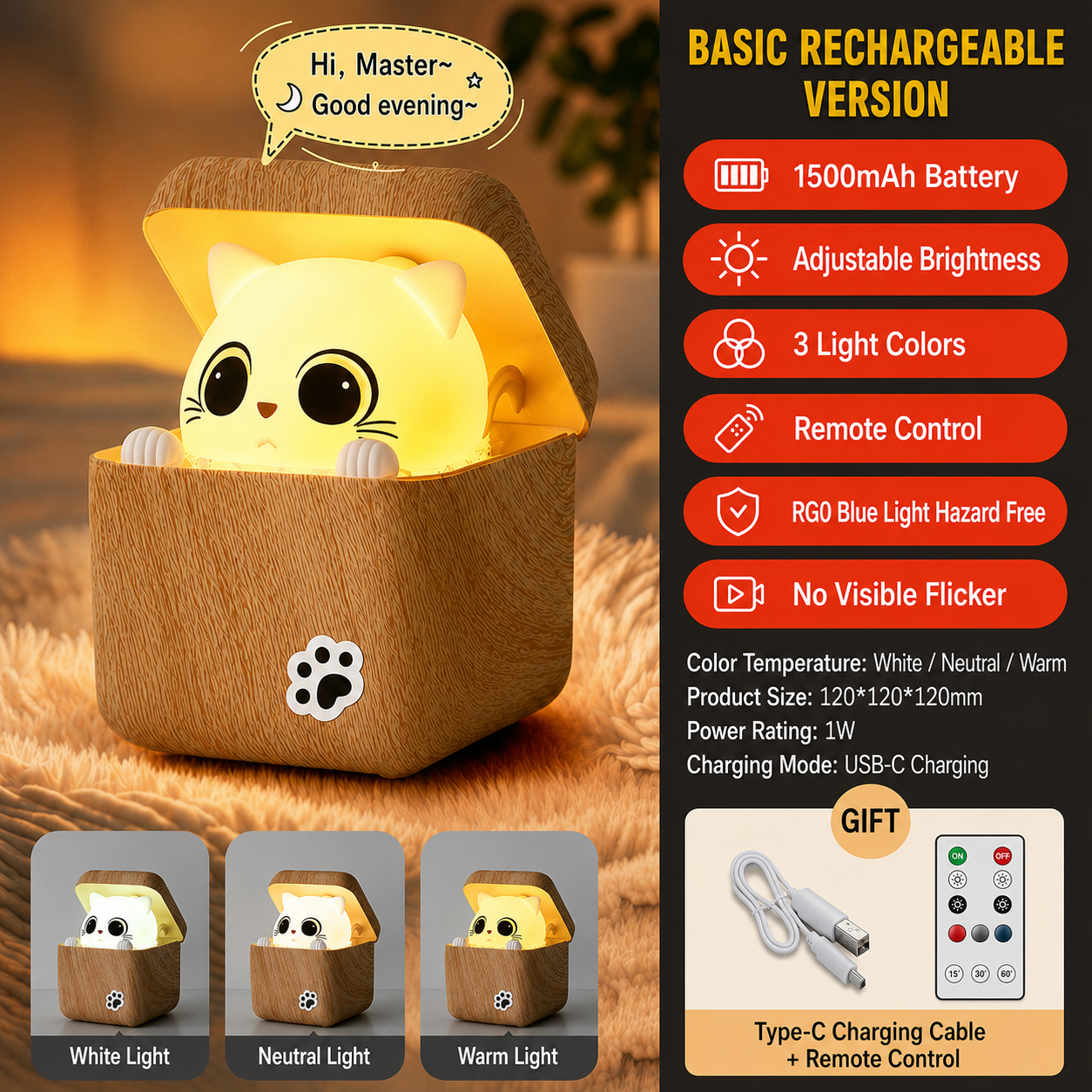 Rechargeable Shy Cat Night Light with Remote & Touch Control