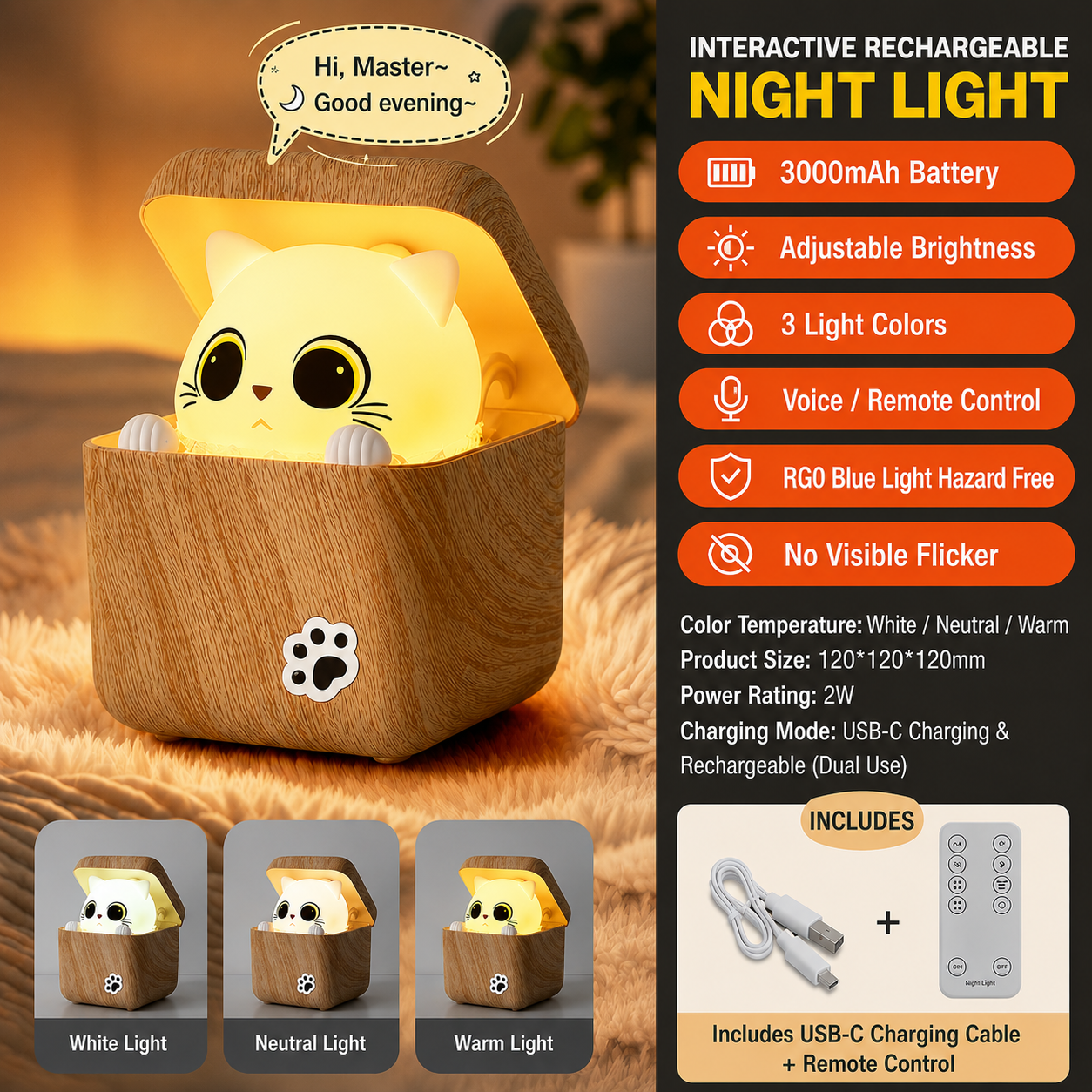 Rechargeable Shy Cat Night Light with Remote & Touch Control