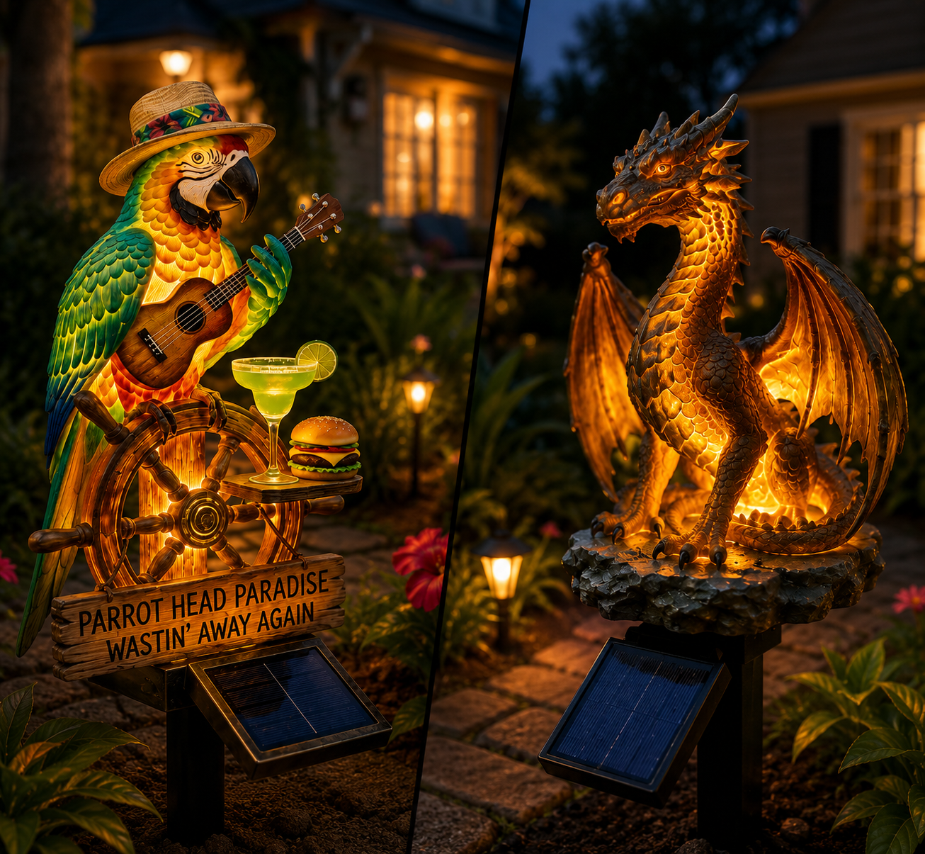 💥 LAST DAY 49% OFF 🐉🦅🦜 Solar Dragon, Eagle & Guitar Parrot Garden Lights – Golden Glow Outdoor Decor