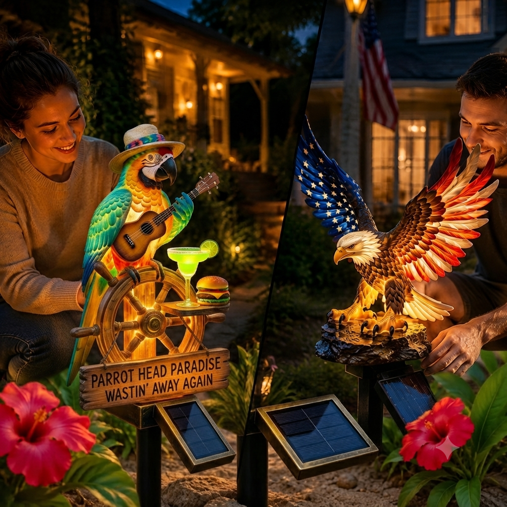 💥 LAST DAY 49% OFF 🐉🦅🦜 Solar Dragon, Eagle & Guitar Parrot Garden Lights – Golden Glow Outdoor Decor