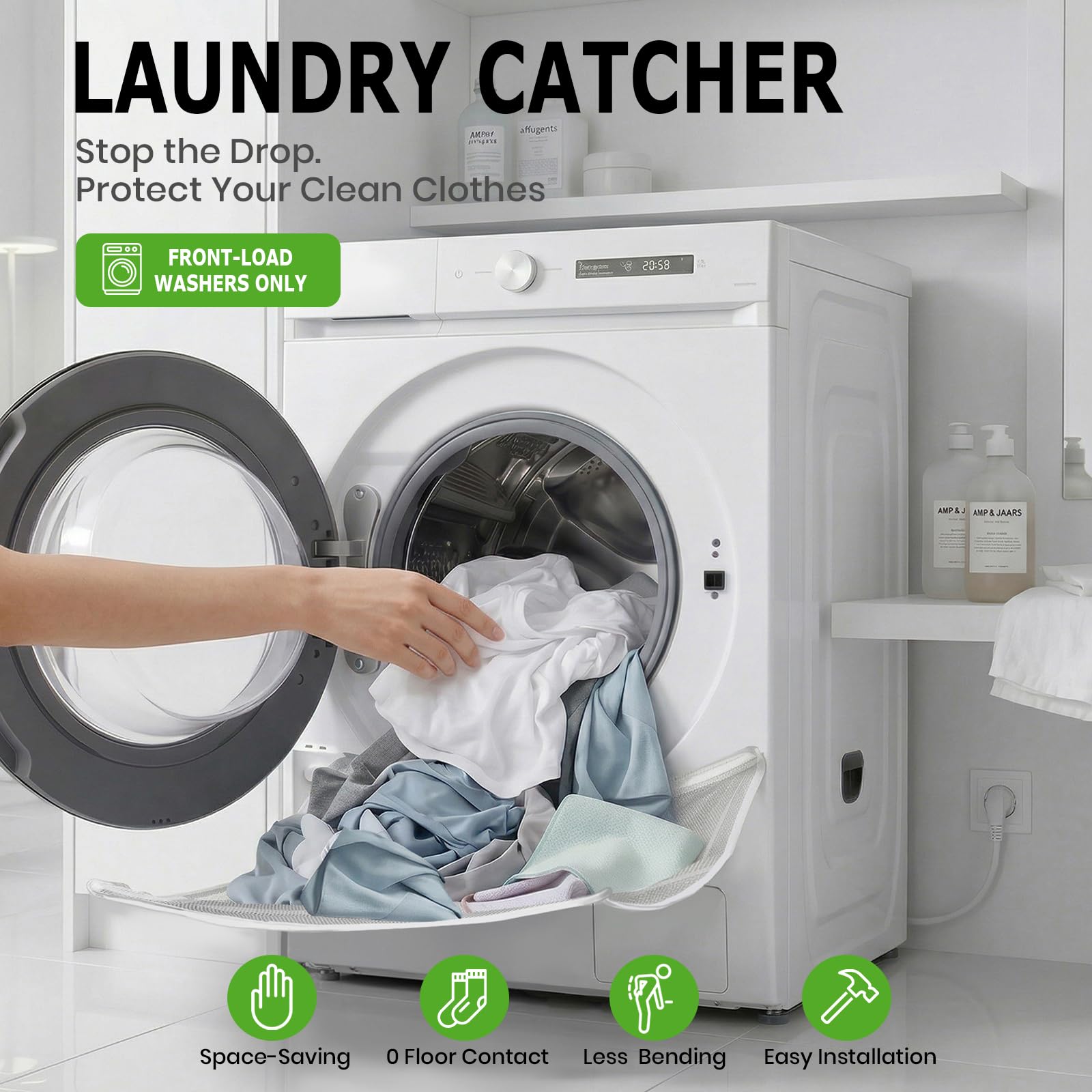 Front Load Washer Laundry Catcher Net – Foldable No-Bend Clothes Catching Mesh Guard