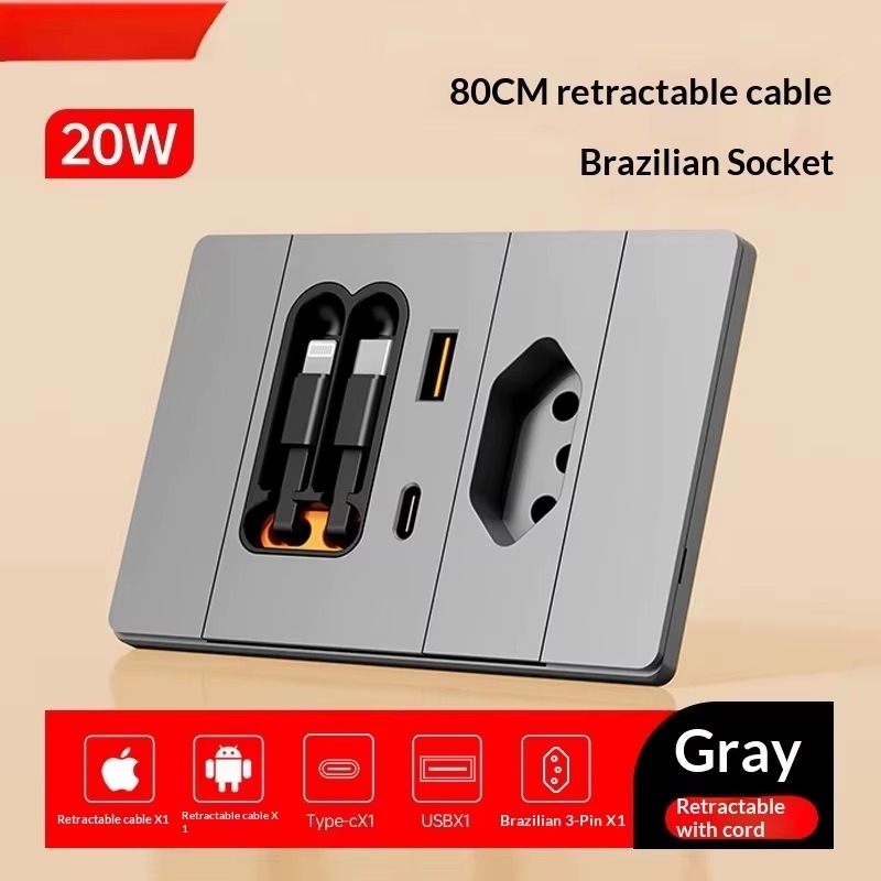 20W Retractable Cable Wall Socket – USB-C Fast Charging Power Outlet for Brazil