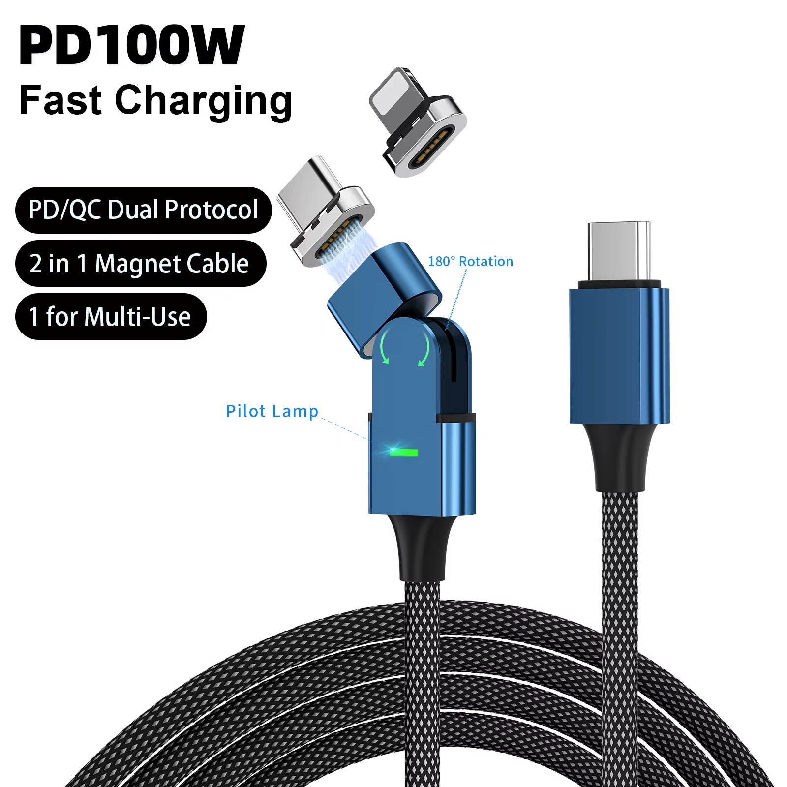 PD100W 180° Rotating 3-in-1 Magnetic Fast Charging Cable – USB-C, Lightning & Micro USB