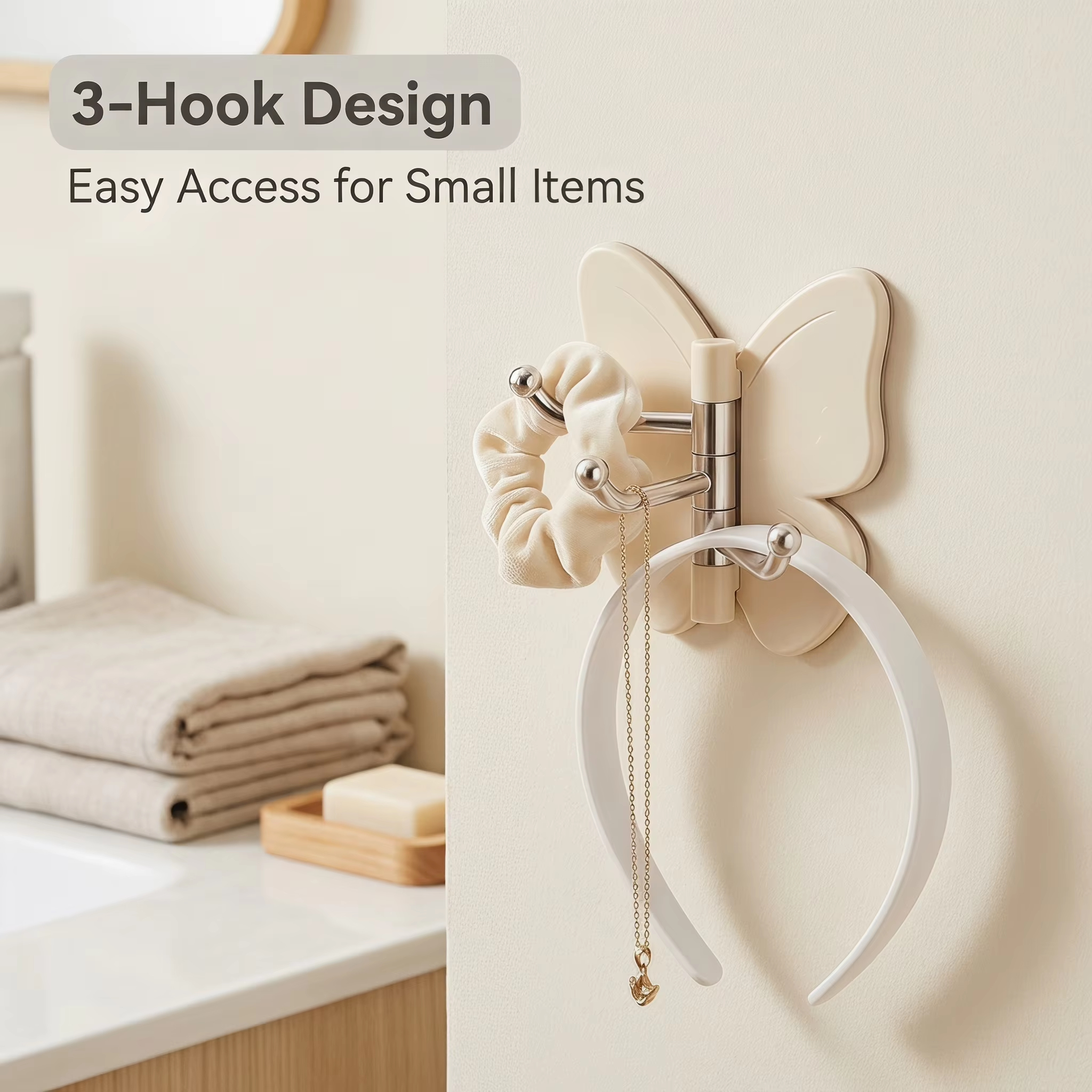 Butterfly Rotating Wall Hook – Punch-Free 3-Hook Organizer