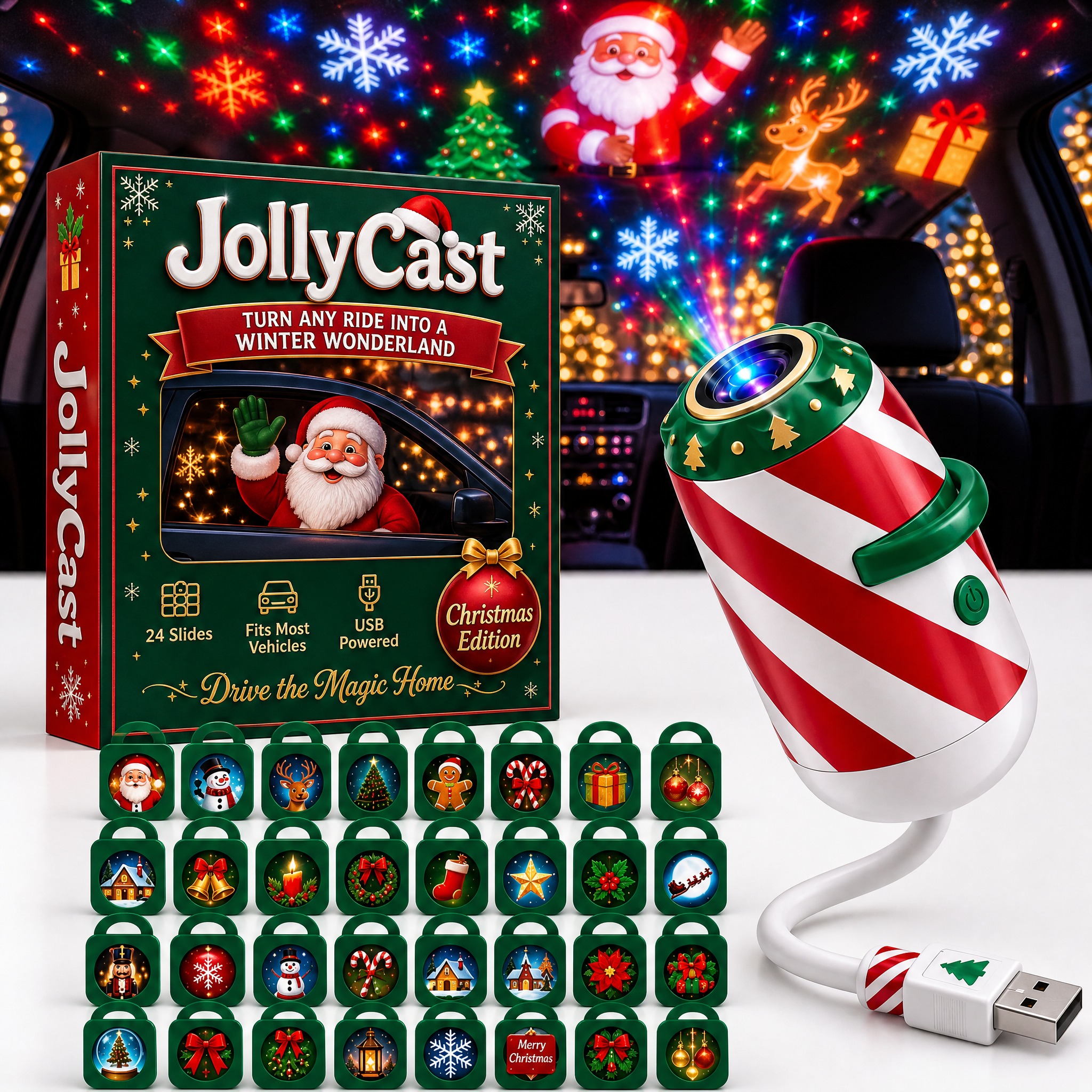 🎄 Merry Ride Christmas Car Projector Light – USB Holiday Projector for Car, Window, Wall & Home Decor
