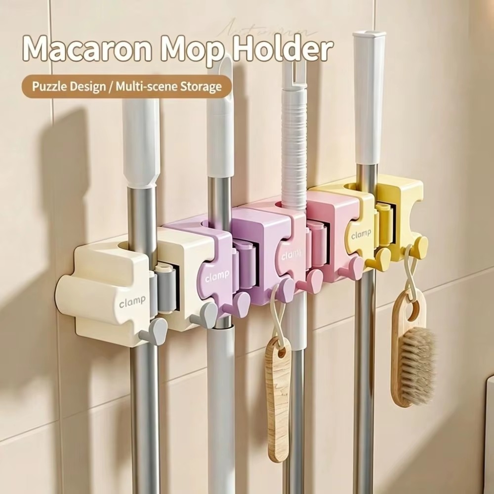 Macaron Puzzle Mop Holder with Hooks – Self-Adhesive Wall-Mounted Organizer