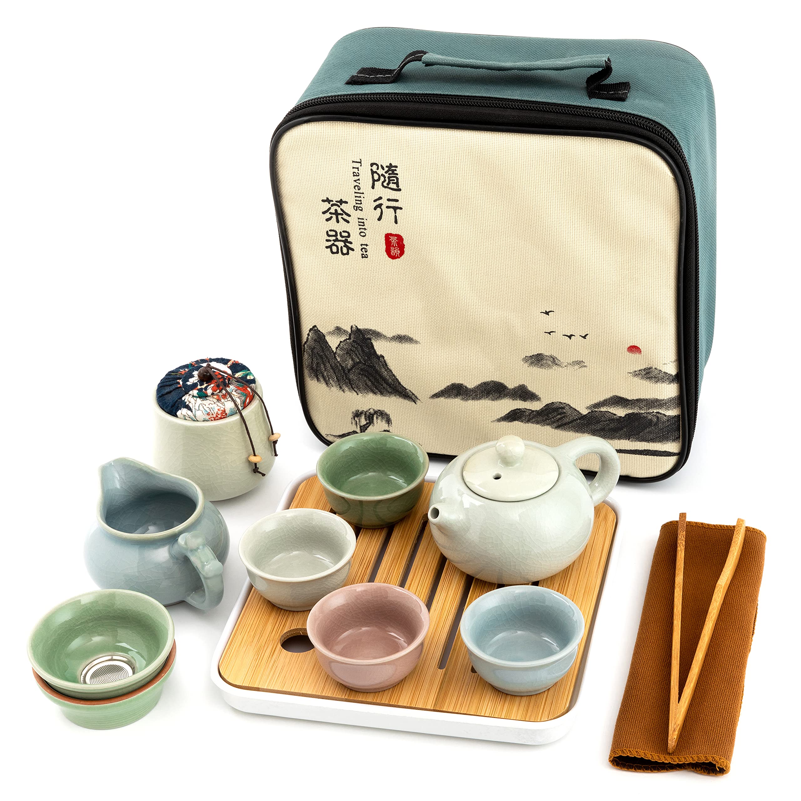 🍵 12-Piece Portable Ceramic Kung Fu Tea Set – Traditional Chinese Travel Tea Set with Bamboo Tray & Carrying Bag