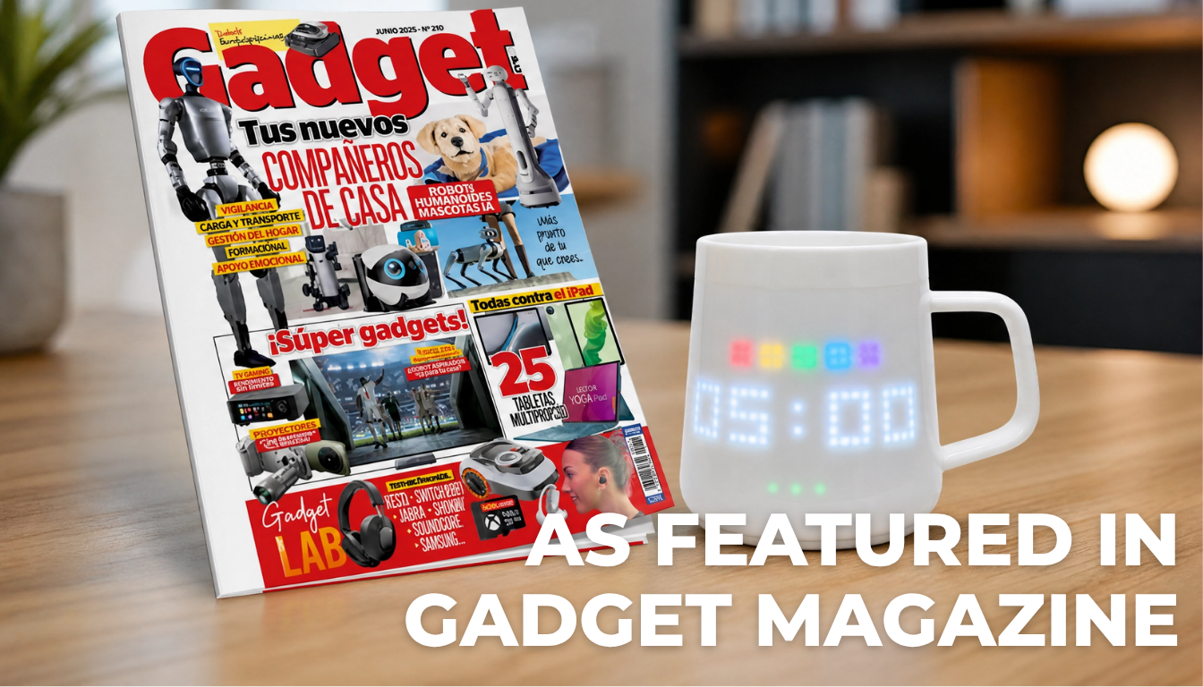 PixelMug P1 ceramic LED smart mug as featured in Gadget Magazine &ndash; pixel display desk accessory.