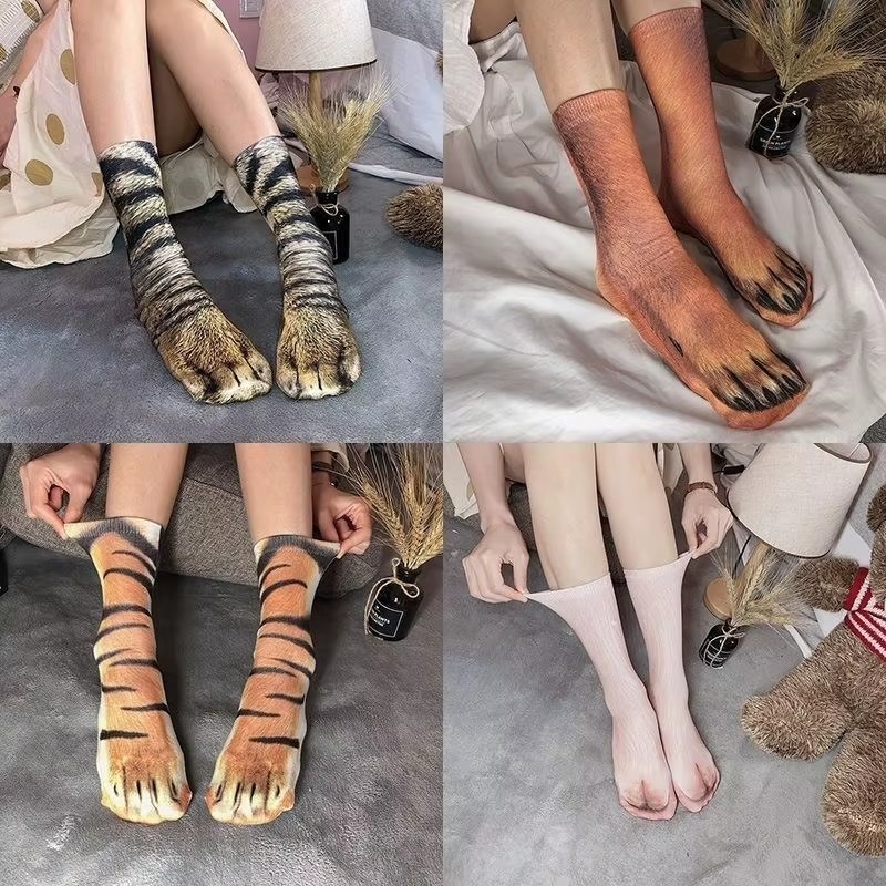 Funny 3D Animal Paw Print Socks – Realistic Cat, Dog & Tiger Novelty Socks